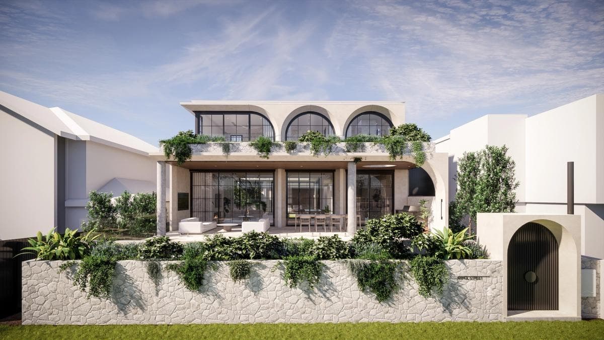 Invilla 3D render of the Arrol Street concept, arched upper windows over a stone fence